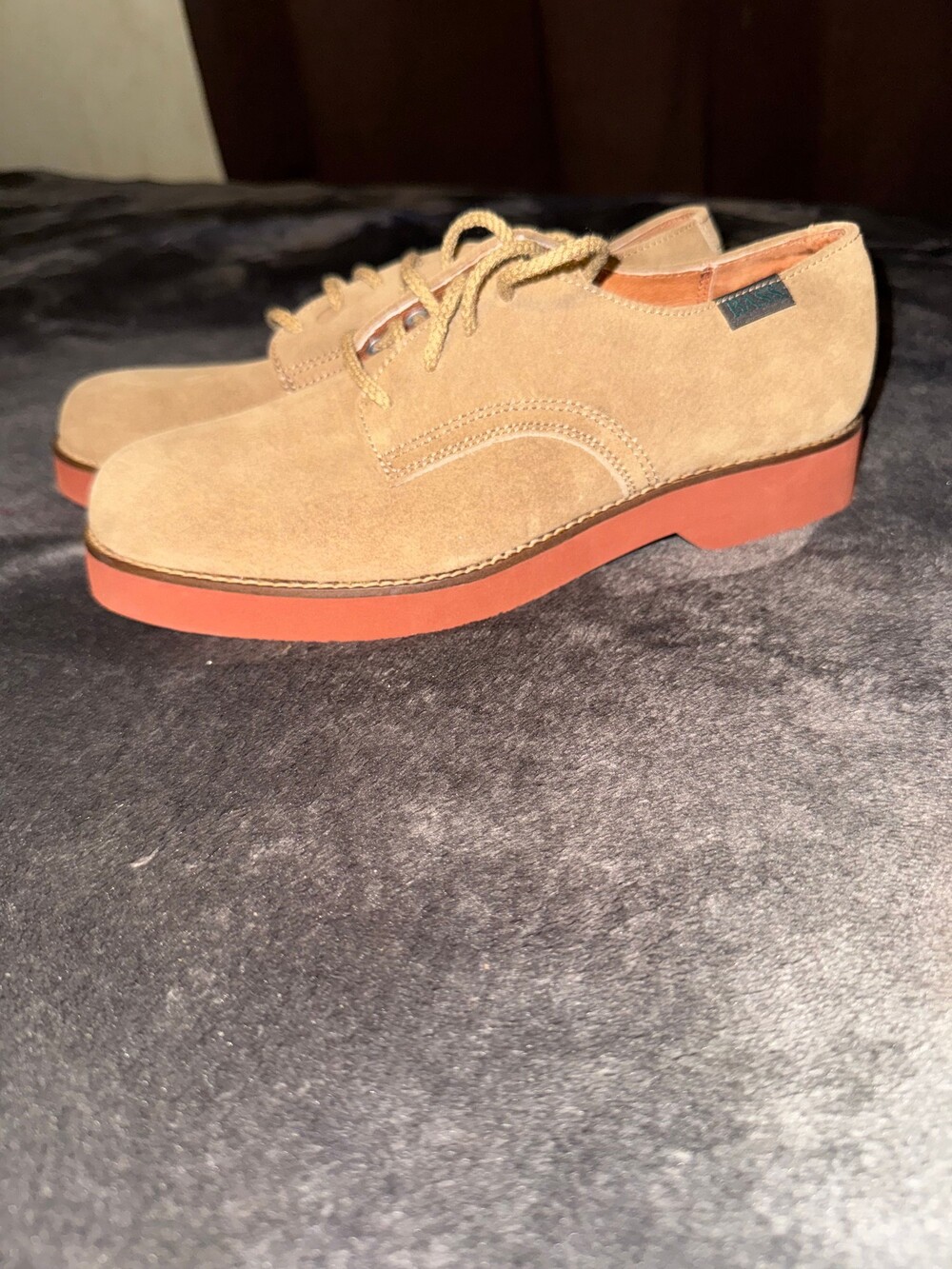 Bass Breck 7N Tan Suede Shoes with Red Rubber Sole